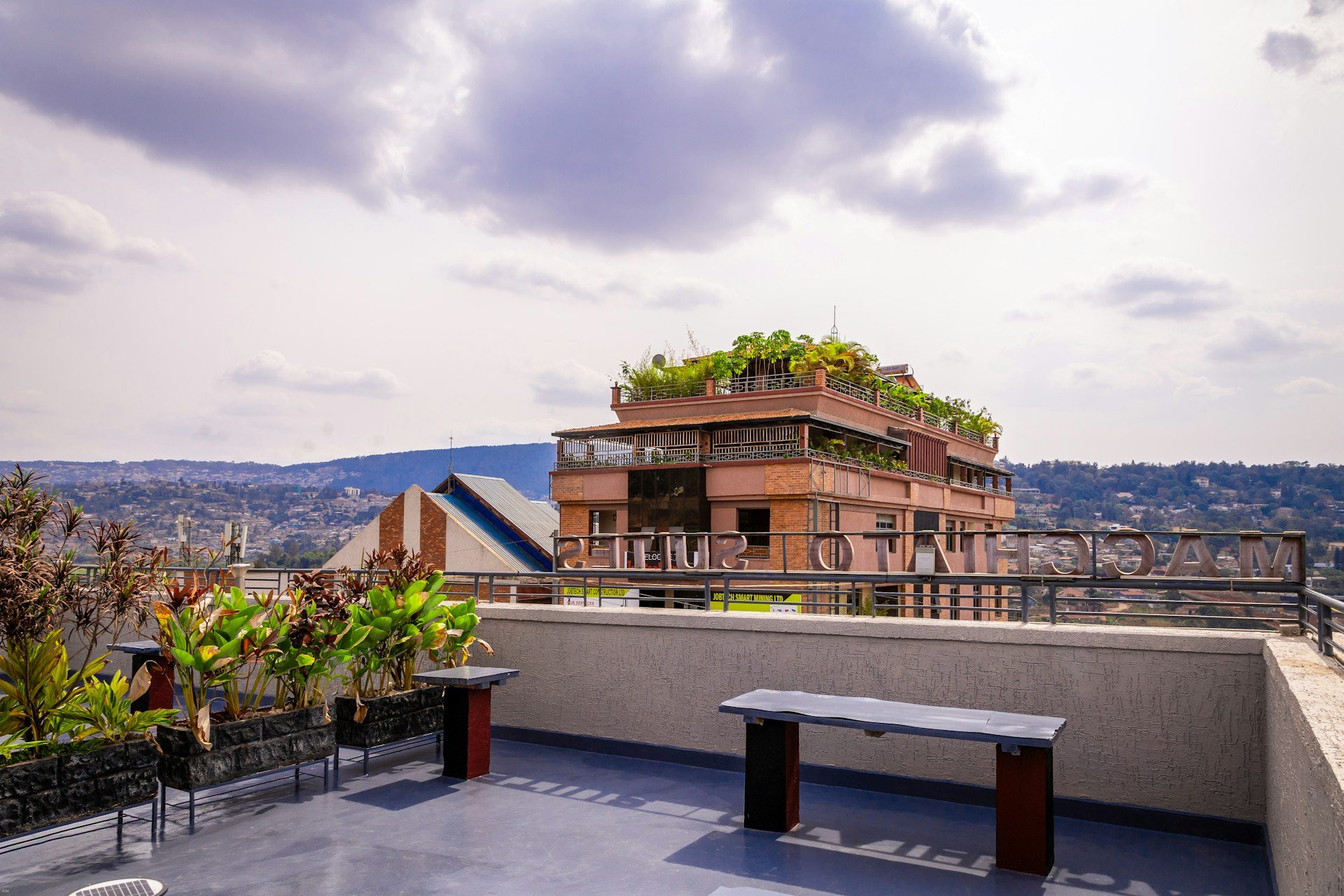Terrazza sul tetto con vasi e panchina