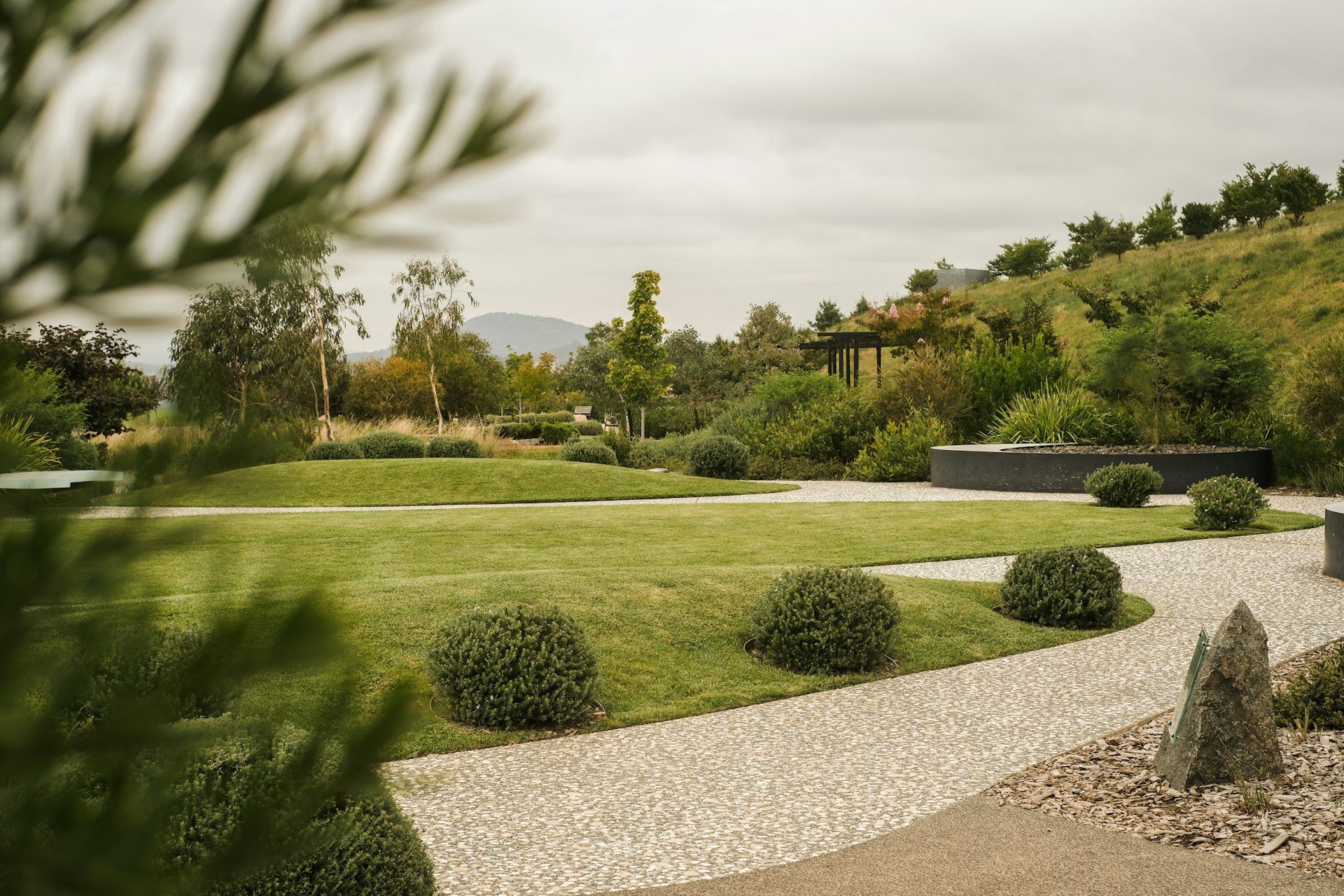 Giardino realizzato con prato, cespugli e ghiaia